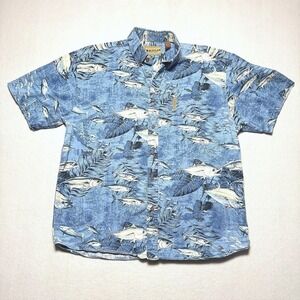 Magellan Sportswear Mens Large Blue Tuna Fish Tropical Print Cotton Shirt L